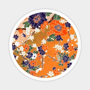 ORANGE BLUE WHITE SPRING FLOWERS IN GOLD YELLOW Antique Japanese Floral Magnet